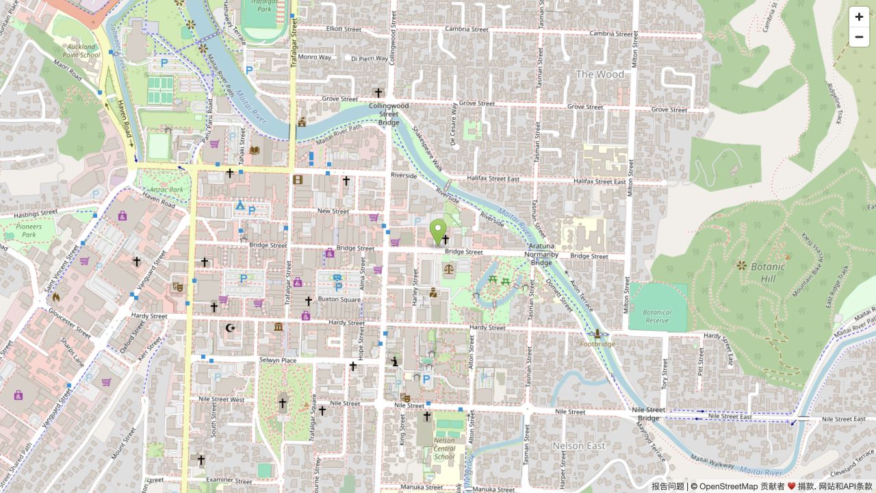 Street map of central Nelson with Someday Somewhere marked on Bridge Street.